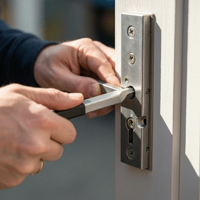 Serrurier en action réparant une serrure endommagée sur une porte