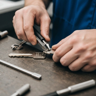 A locksmith's hands working on cutting a security key, with specialized tools and a focused expression, no text, no words, no typography, clean image