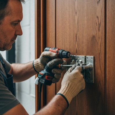 Serrurier installant une serrure multipoints sur une porte en bois