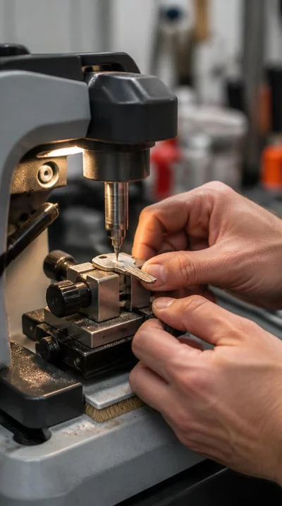 Close-up of a locksmith's hands duplicating a key with a specialized machine, focus on precision and quality