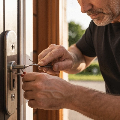 Serrurier réparant une serrure endommagée sur une porte d'entrée, lumière naturelle, gros plan, outils de serrurier visibles, no text, no words, no typography, clean image