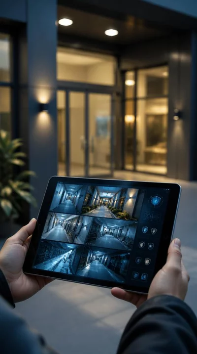 Modern security system dashboard on a tablet with a blurred background of a secure building entrance