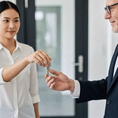 Close-up of a house key being handed over, symbolizing secure access and property transfer. no text, no words, no typography, no labels, clean image