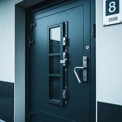 Porte blindée moderne et robuste dans une entrée d'appartement, focale sur la serrure multipoints.