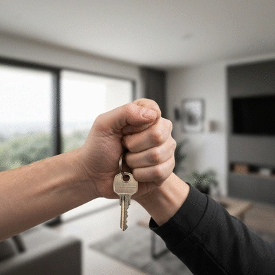Gros plan sur une main tenant une clé de maison avec un fond flou