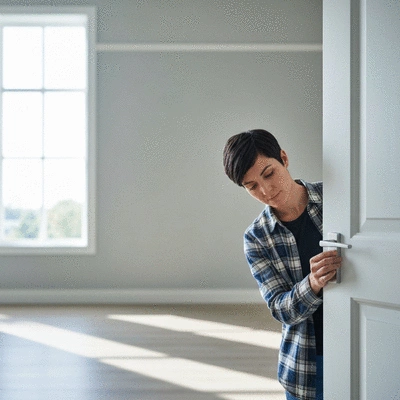 Person installing a door stopper to prevent a door from slamming