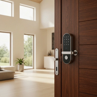 Person using a modern smart lock with a keypad