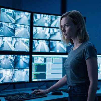 Person reviewing surveillance footage on a monitor