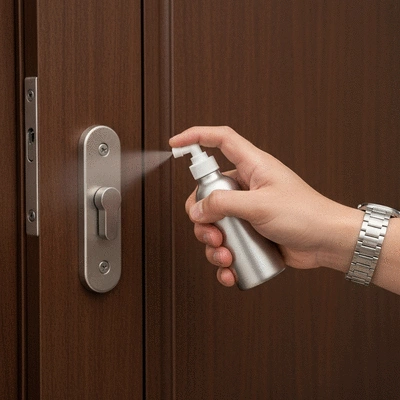 Close-up of a hand lubricating a door lock