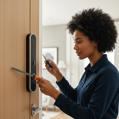 Professional locksmith inspecting a robust front door lock in a modern home