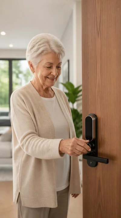 Elderly person easily opening a modern smart lock on a wooden door