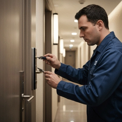Professional locksmith inspecting a door lock in an apartment building