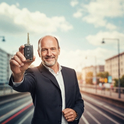 Person holding a car key with a blurred urban background, representing key duplication services in Pau, no text, no words, no typography, clean image