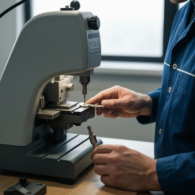 Serrurier professionnel coupant une clé standard avec une machine de duplication de clés dans un atelier bien éclairé, gros plan, lumière naturelle