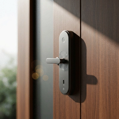 Modern biometric fingerprint lock on a wooden door
