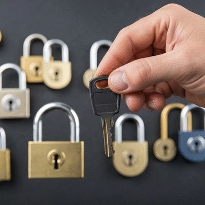 Main d'un serrurier tenant une clé moderne devant une sélection de serrures
