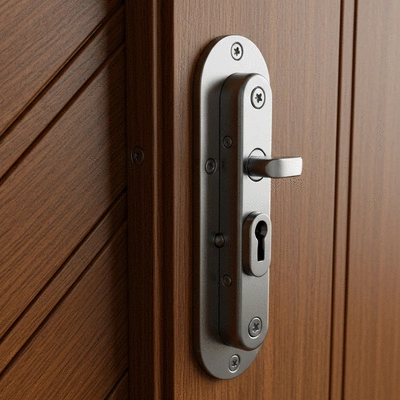 Close-up of a modern multipoint lock installed on a wooden door