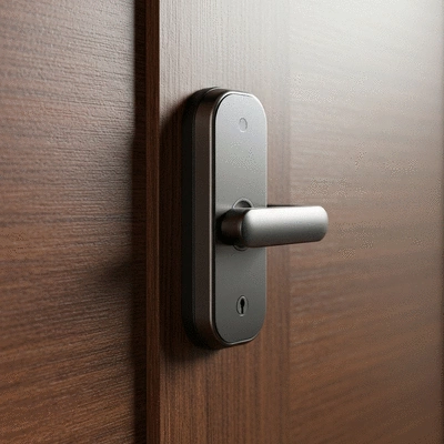 Modern smart lock on a wooden door, clean image, no text