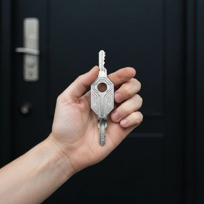 Hand holding a modern key for a high-security lock
