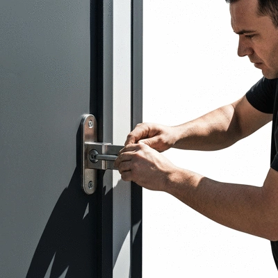 Hand of a professional locksmith installing a high-security lock on a commercial door, clean background, no text, no words, no typography, clean image