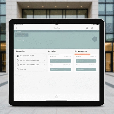 Modern security system interface on a tablet, showing access logs and key management, with a blurred background of a secure building entrance, no text, no words, no typography, clean image
