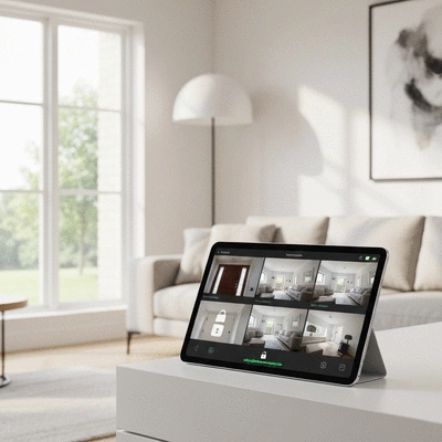 Smart home security system interface on a tablet