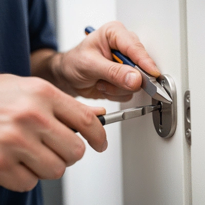 Serrurier réparant une serrure de porte avec des outils