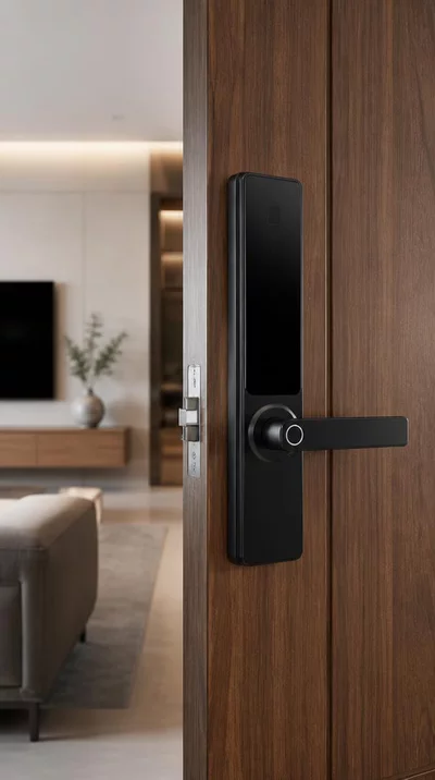 Modern electronic smart lock on a wooden door