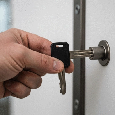 Close-up of a hand holding a protected security key, with a blurred background of a modern door lock, no text, no words, no typography, clean image