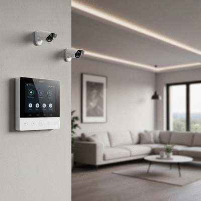 Système de sécurité domestique moderne avec un panneau de contrôle numérique et des caméras de surveillance, fond flou, no text, no words, no typography, clean image