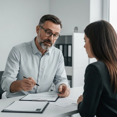 Serrurier professionnel expliquant les documents légaux à un client, avec des certifications affichées, no text, no words, no typography, clean image