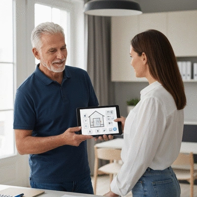 Professional locksmith in Pau discussing security options with a homeowner, showing a tablet with security system schematics