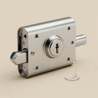 Gros plan d'une serrure de porte propre et bien lubrifiée, avec une goutte d'huile de silicone, aucun texte, aucun mot, aucune typographie, 8K, éclairage naturel.