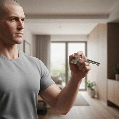 Person holding a secure key with a blurred background of a modern home interior