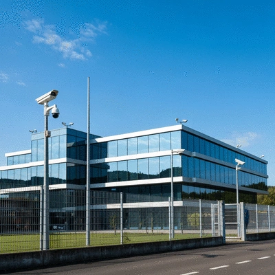 Modern office building with security cameras and a fence, representing business security in Pau