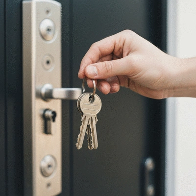 Gros plan sur une main tenant des clés neuves avec une serrure moderne en arrière-plan