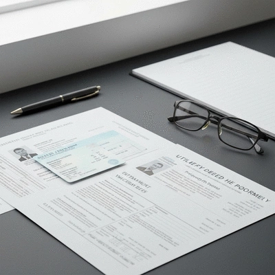 Documents spread out on a desk, including an ID card, property deed, and utility bill, with a pen and glasses nearby. no text, no words, no typography, no labels, clean image