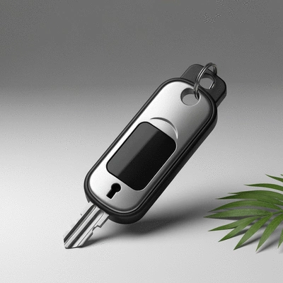 Image conceptuelle d'une clé de maison avec une puce électronique à l'intérieur, symbolisant les clés modernes et sécurisées, fond flou