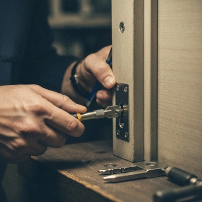 Professional locksmith repairing a door lock with specialized tools