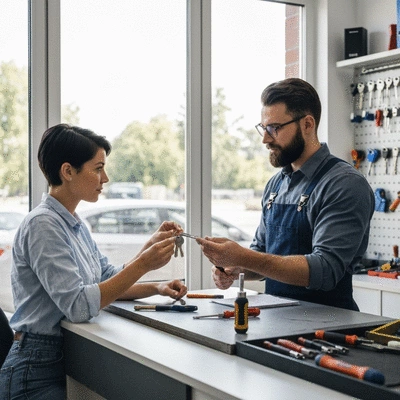 Client discutant avec un serrurier professionnel dans un magasin de serrurerie