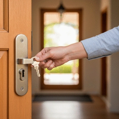 Person using a key to unlock a door, showing a well-maintained lock