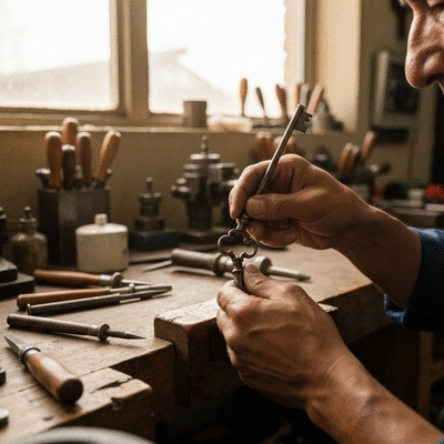 Close-up of a locksmith recreating an old, intricate key