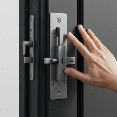 Gros plan d'une main testant la robustesse d'une porte blindée avec une serrure multipoints et un cylindre certifié A2P.