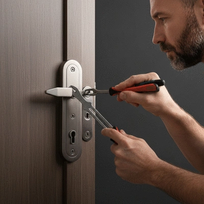 Gros plan d'une serrure de porte moderne en cours de remplacement par un serrurier, mains d'ouvrier, outils, sécurité domestique