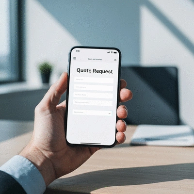 Main tenant un smartphone avec un formulaire de devis en ligne sur l'écran