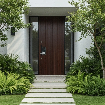A modern house entrance with a smart multipoint lock visible on the door, surrounded by lush green plants, clean architecture, no text, no words, no typography, clean image