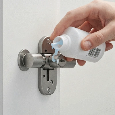 Hand applying silicone lubricant to a door lock cylinder