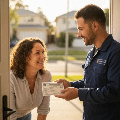 Professional locksmith showing a valid license to a customer