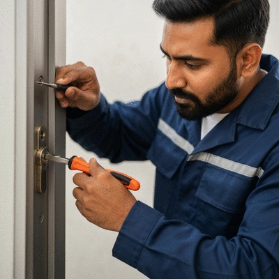 Professional locksmith inspecting a door lock, clean image, no text