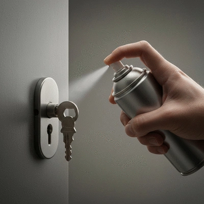 Main appliquant un lubrifiant sur une serrure, avec une clé cassée visible, fond neutre